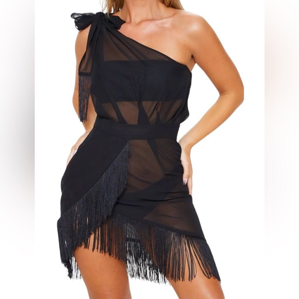 Black Asymmetric Fringe Beach Dress Size 2